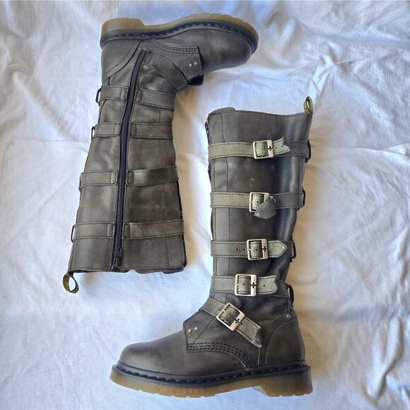 Dr Martens Phina Walking Dead Tall Leather Moto Boots Goth Gray Women's Size 7 - Picture 2 of 9